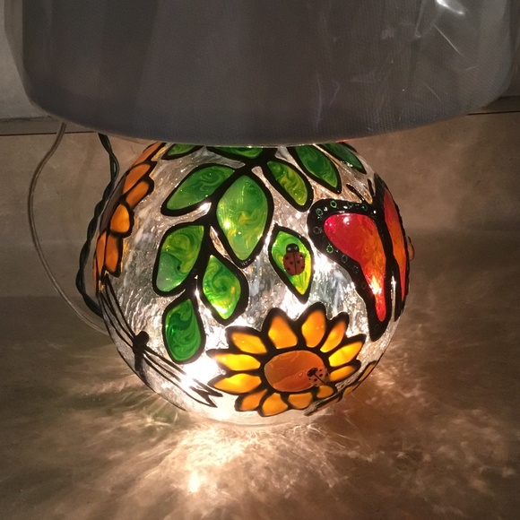 New Hand Painted Sunflowers, Butterfly and Dragonfly lamp - Picture 3 of 5
